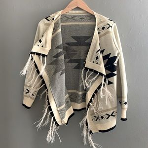 Southwestern Print Open Sweater - tassel opening